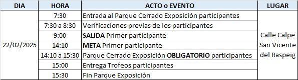 Horarios del VII Rallye Hivern San Vicente del Raspeig Costablanca 2025